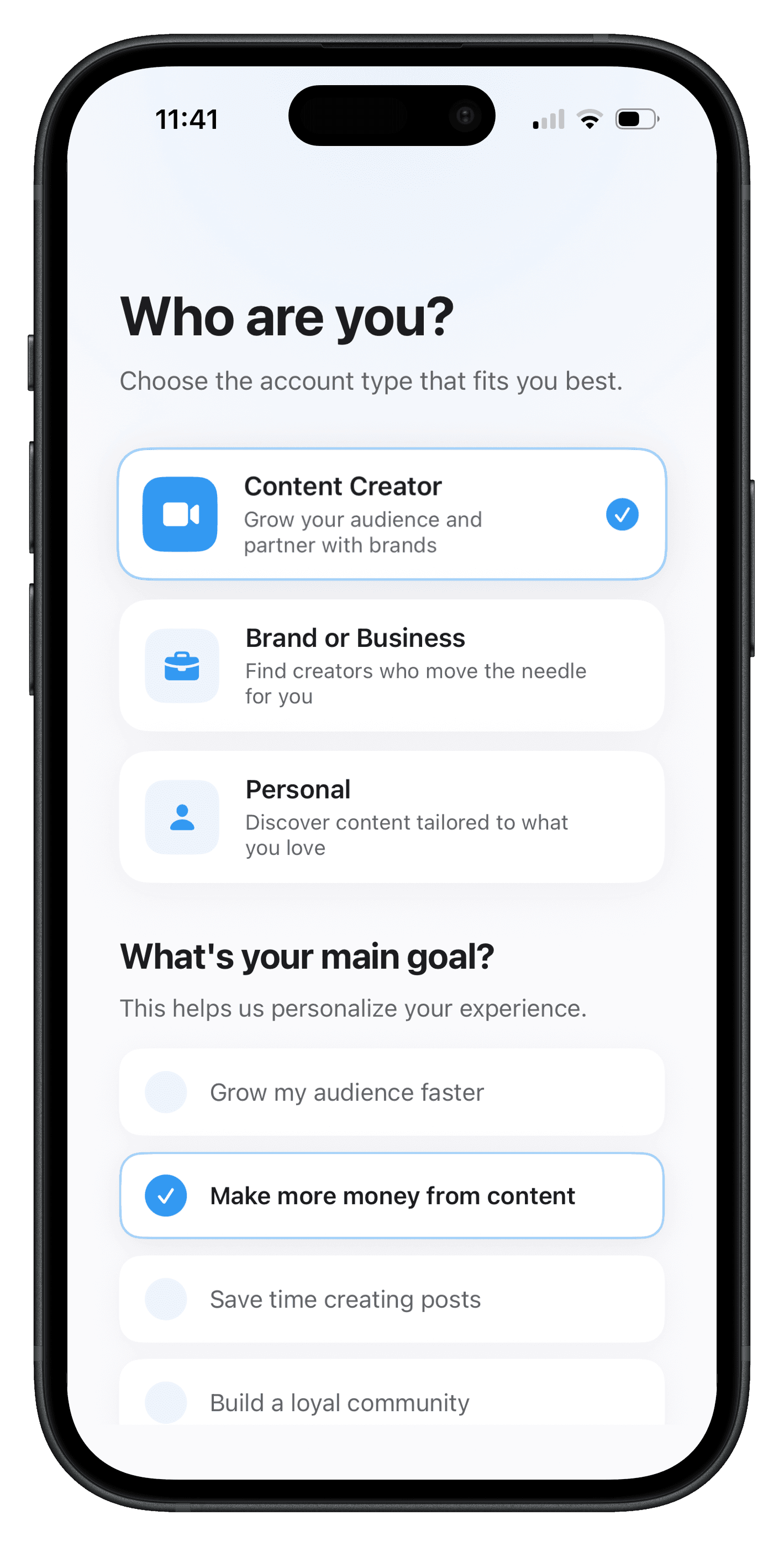 CreatorLink onboarding — choose your account type