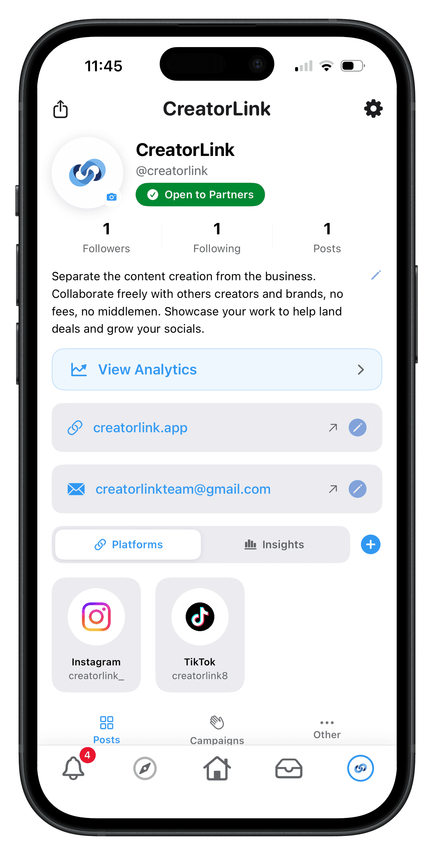 CreatorLink creator profile with analytics and linked platforms